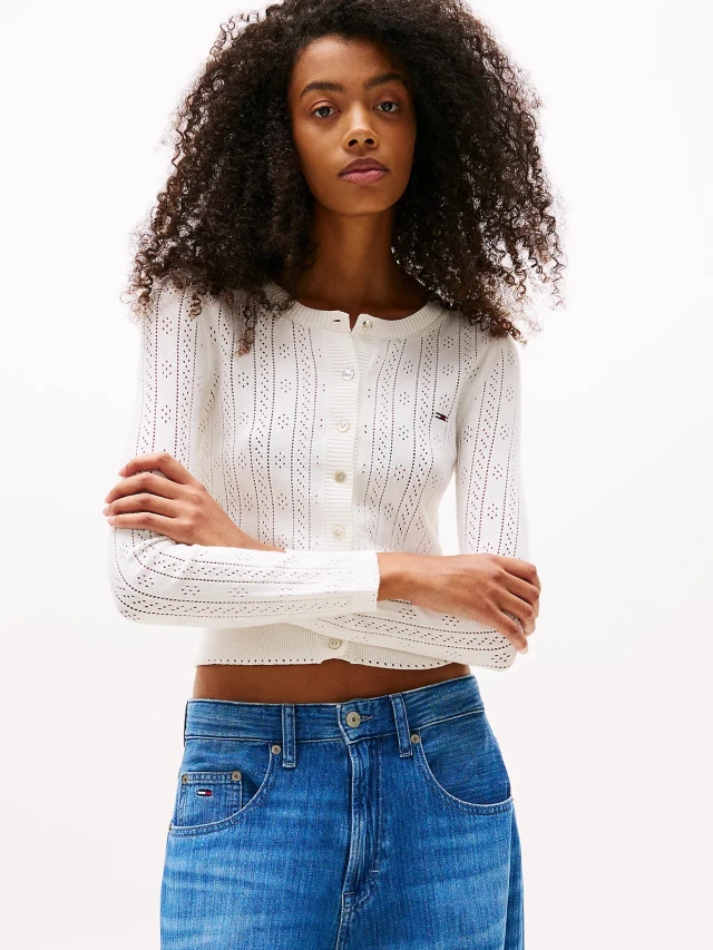 Tommy Hilfiger Tjw Pointelle Crew Neck Cardigan Γυναικεία Ζακέτα Πλεκτή Λευκή