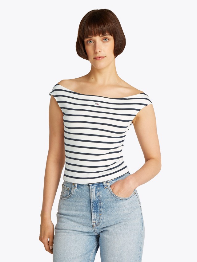 Tommy Hilfiger Tjw Boat Neck Top Ss Ext Γυναικεία Μπλούζα Ριγέ Λευκο Μπλε