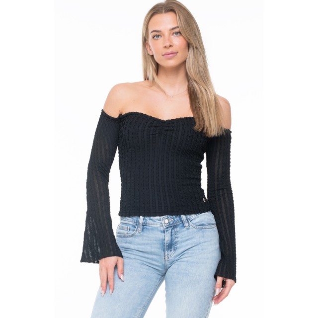 Guess Ls Off Shoulder Marika Top Γυναικεία Μπλούζα Εξωμη Μαύρη