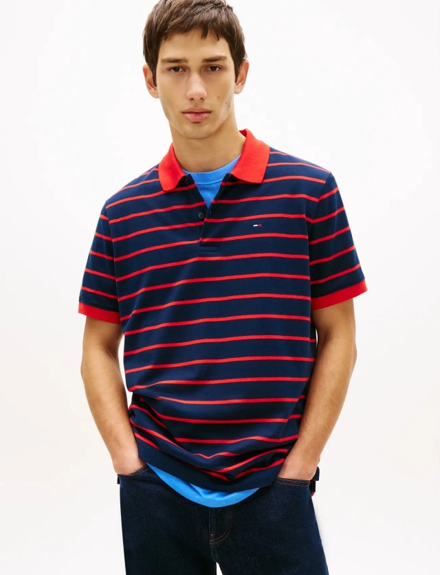 Tommy Hilfiger Tjm Reg Stripe Polo Ext Ανδρική Μπλούζα Polo Ριγέ Μπλε Κοκκινο