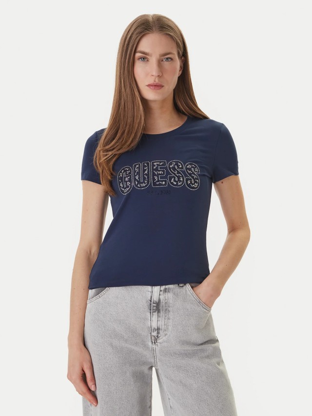 Guess Cn Ss Logo Lace Tee Γυναικεία Μπλούζα Μπλε