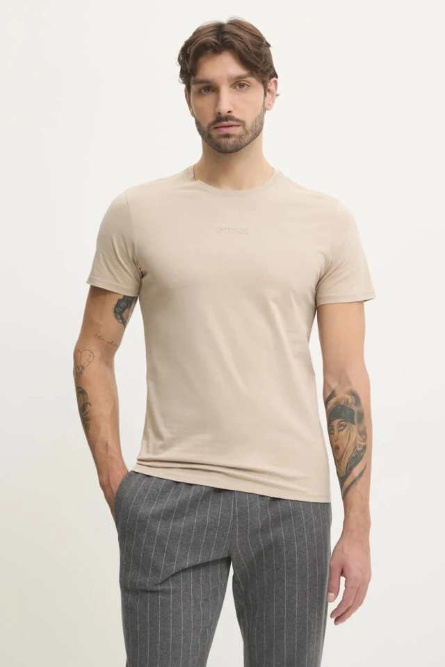 Guess Ss Guess Emb Pima Crew Ανδρική Μπλούζα Μπεζ