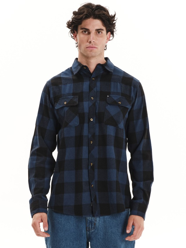 Emerson Mens Button Down Flannel Shirt Ανδρικό Πουκάμισο Μπλε Μαύρο