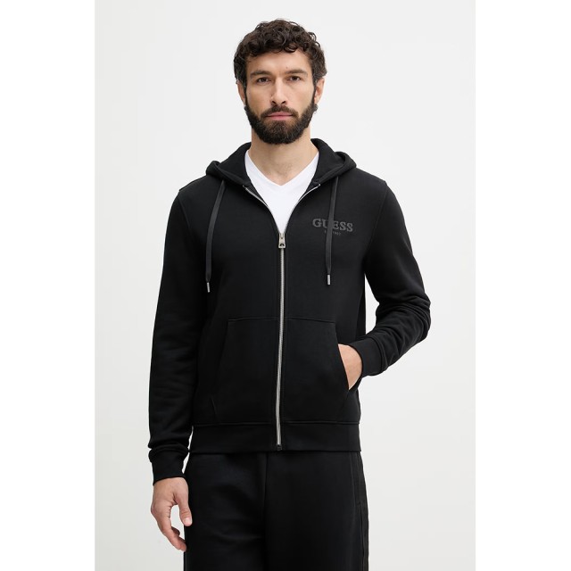 Guess Ls Basic Box Logo Zipper Hoodi Ανδρική Ζακέτα Φούτερ Μαύρη