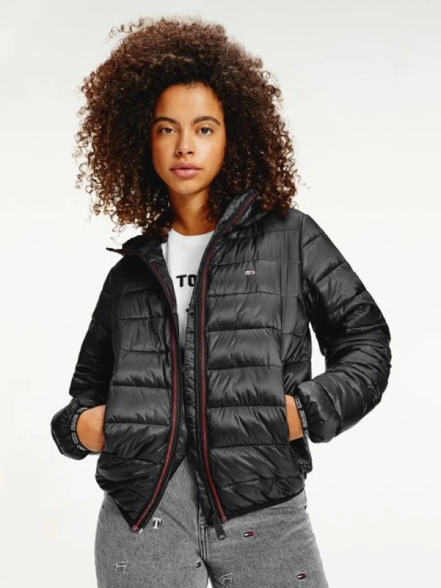 Tommy Hilfiger Tjw Quilted Tape Hooded Jacket Γυναικειο Μπουφαν Μαυρο