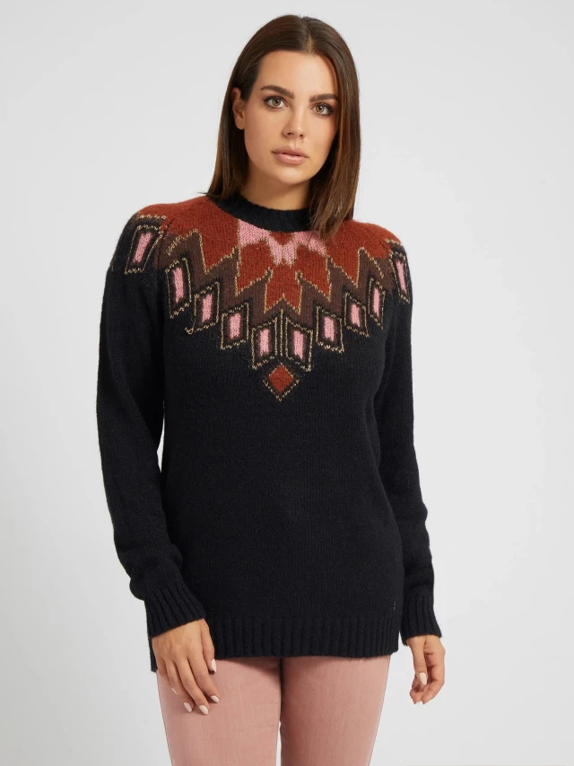 Guess Alexia Rn Ls Sweater Γυναικειο Πλεκτο Μαυρο Καφε
