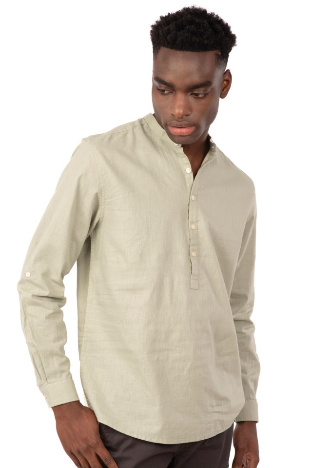 Rebase Shirt Half Button Placket Linen Mao Collar Long Sleeve Ανδρικη Πουκαμισα Λινο Μαο Μέντα