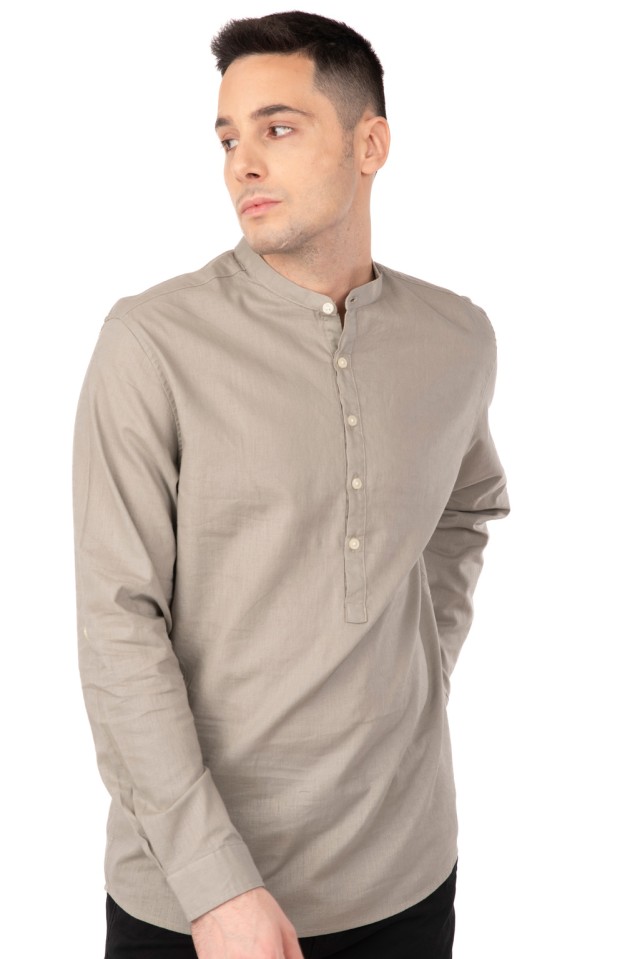 Rebase Shirt Half Button Placket Linen Mao Collar Long Sleeve Ανδρικη Πουκαμισα Λινο Μαο Μπεζ