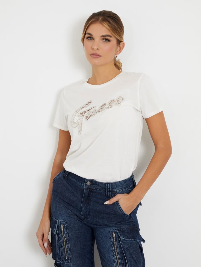 Guess Ss Guess Lace Logo Easy Tee Γυναικεία Μπλούζα Εκρού