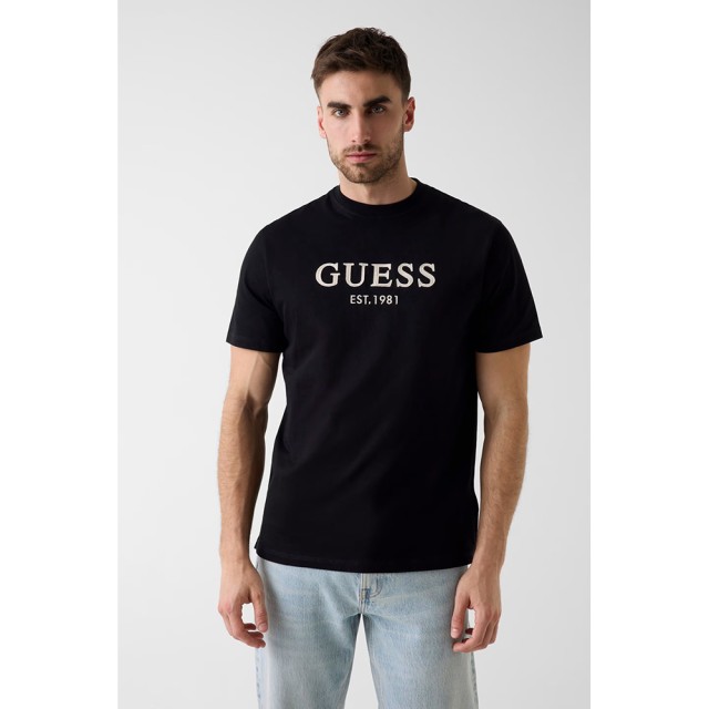 Guess Cn Ss Guess Logo Embroidery Te Ανδρική Μπλούζα Μαύρη