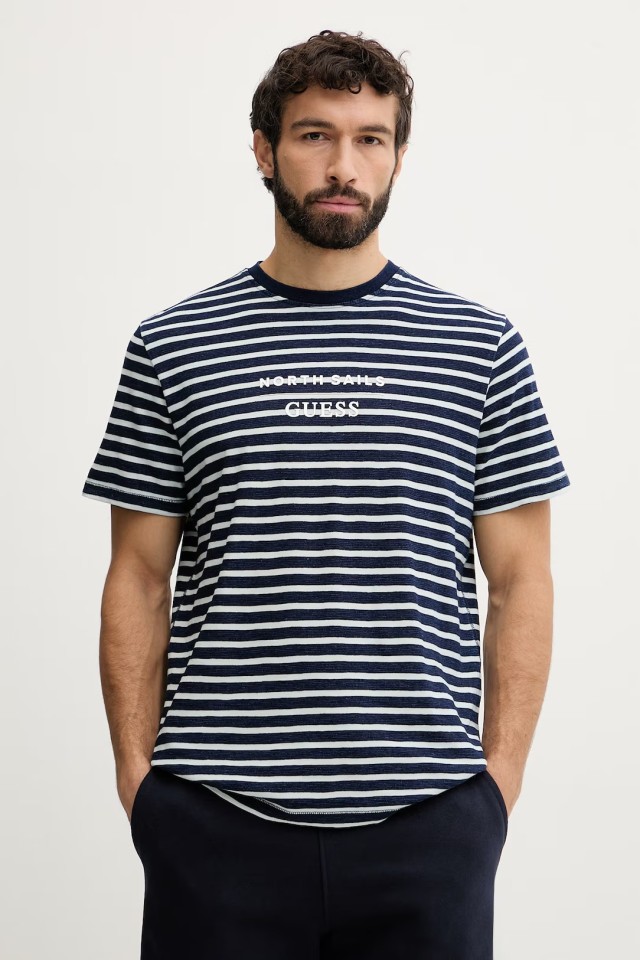 Guess Guessxns - Ss Striped Indigo L Ανδρική Μπλούζα Ριγέ Mπλε Λευκό
