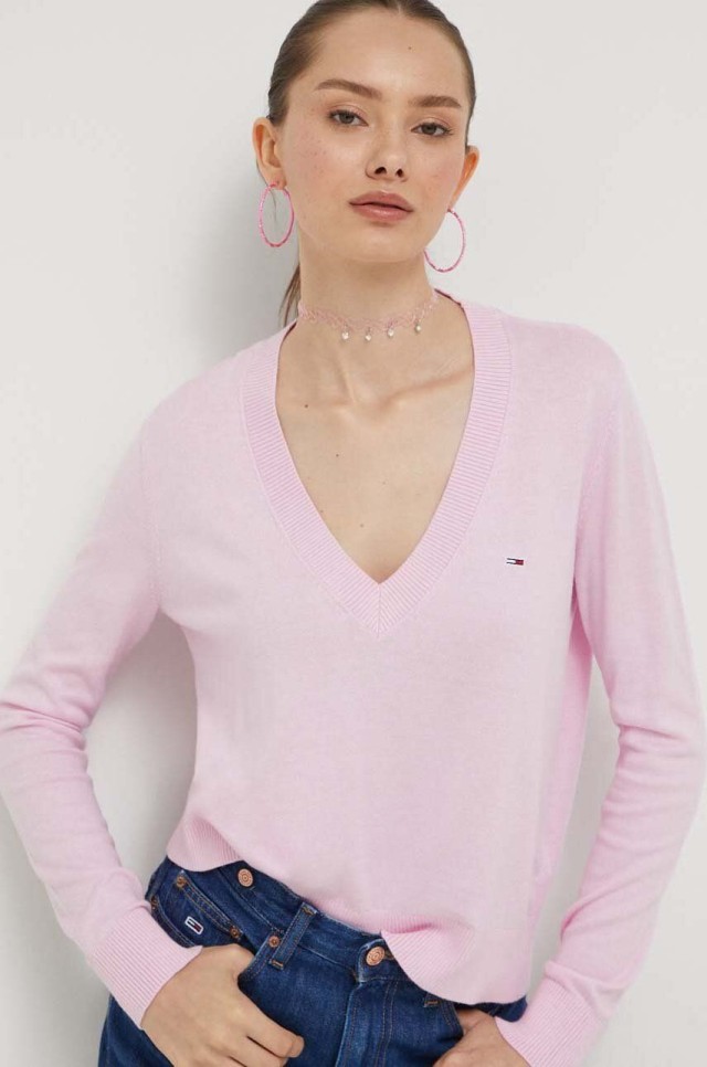 Tommy Hilfiger Tjw Essential Vneck Sweater Γυναικείο Πλεκτό Ροζ