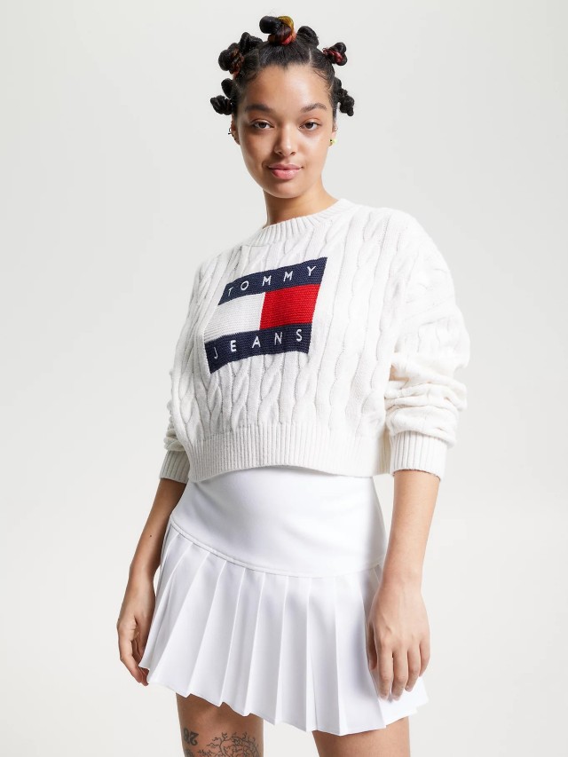 Tommy Hilfiger Tjw Bxy Center Flag Sweater Γυναικείο Πλεκτό Λευκό