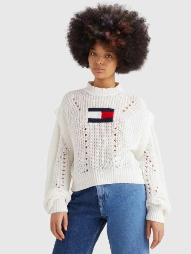 Tommy Hilfiger Tjw Ovrszd Flag Stitch Sweater Γυναικειο Πλεκτο Εκρου