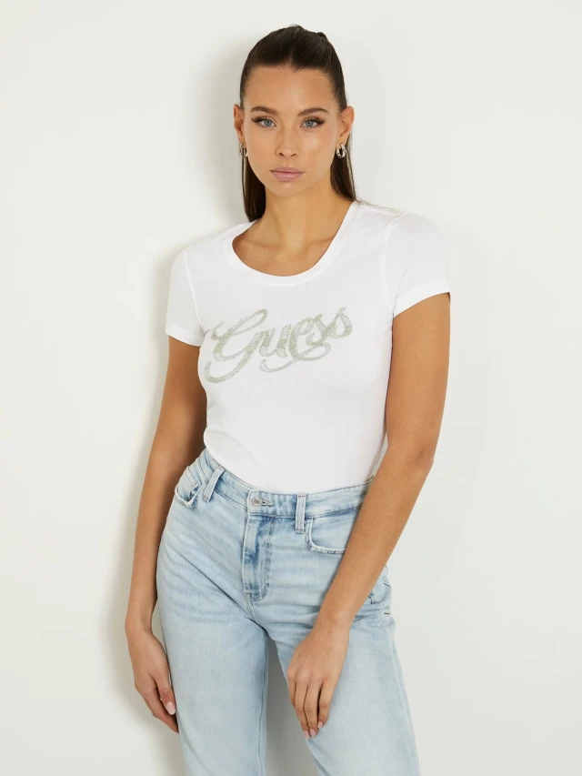 Guess Ss Rn Guess Script Tee Γυναικεία Μπλούζα Λευκή