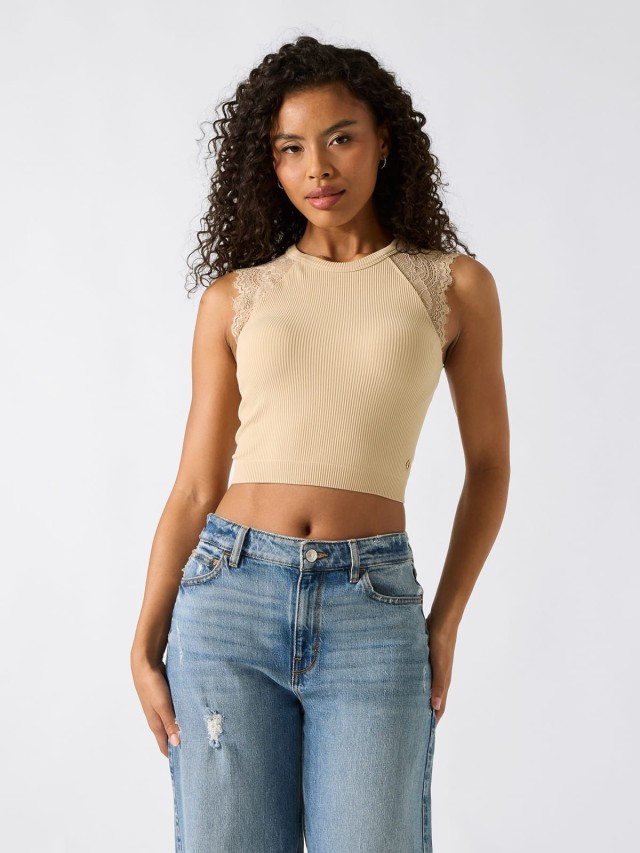 Guess Millie Seamless Lace Swtr Top Γυναικεία Μπλούζα Crop Top Μπεζ
