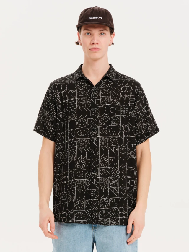 Black Emerson Mens s/s Printed Shirt Ανδρικό Πουκάμισο Μαύρο