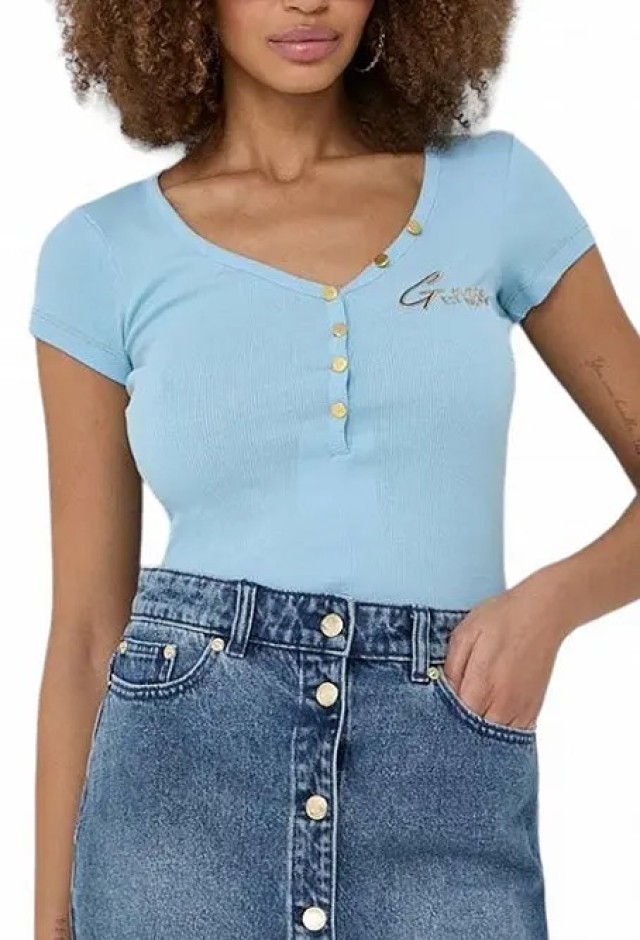 Guess Ss Henley Olympia Top Γυναικεία Μπλούζα Σιελ