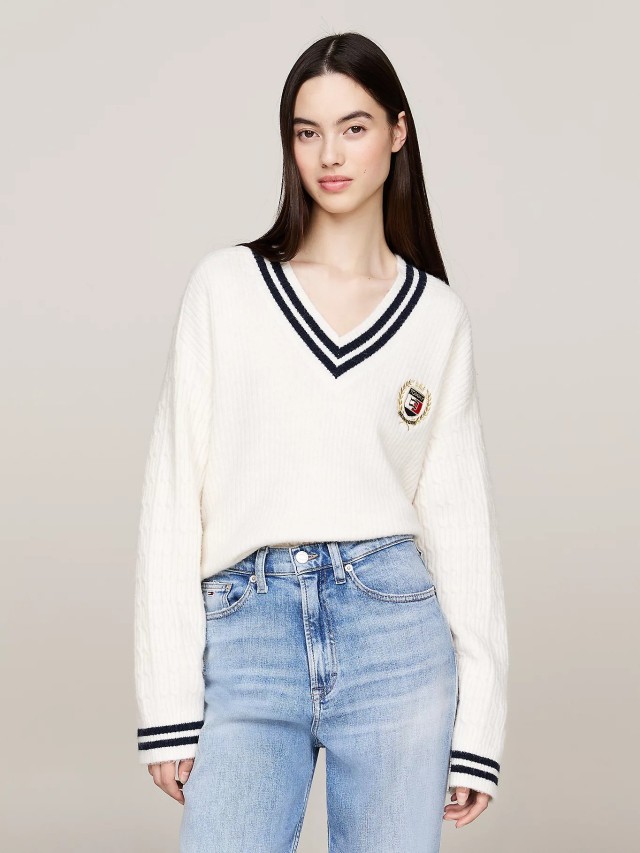 Tommy Hilfiger Tjw Vnck Crest Cable Sweater Ext Γυναικείο Πλεκτό Λευκό