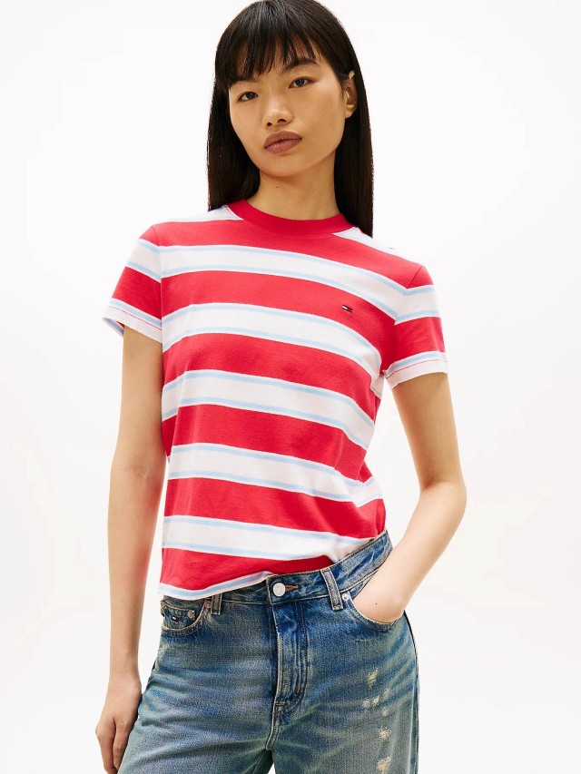 Tommy Hilfiger Tjw Reg S Flag Jersey Ss Tee Ext Γυναικεία Μπλούζα Ριγέ Κόκκινη