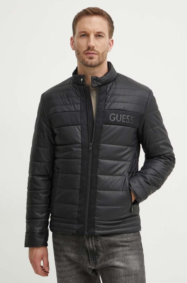 Guess Logo Stretch Padded Pu Jacket Ανδρικό Μπουφάν Μαύρο
