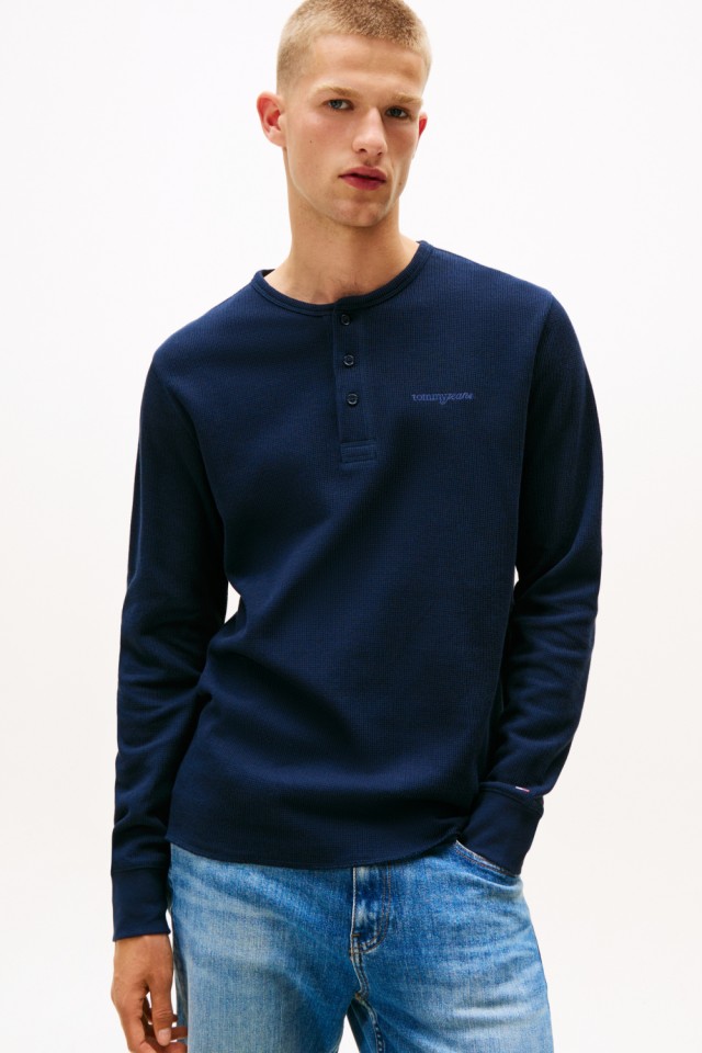 Tommy Hilfiger Tjm Slim Waffle Script Henley Ανδρική Μπλούζα Μπλε