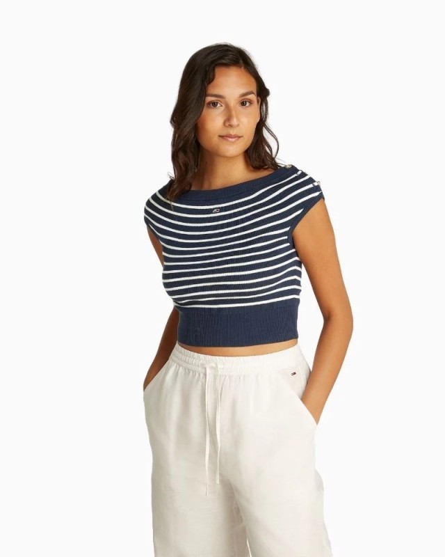 Tommy Hilfiger Tjw Off Shoulder Stripe Sweater Γυναικείο Πλεκτό Μπλε Λευκο