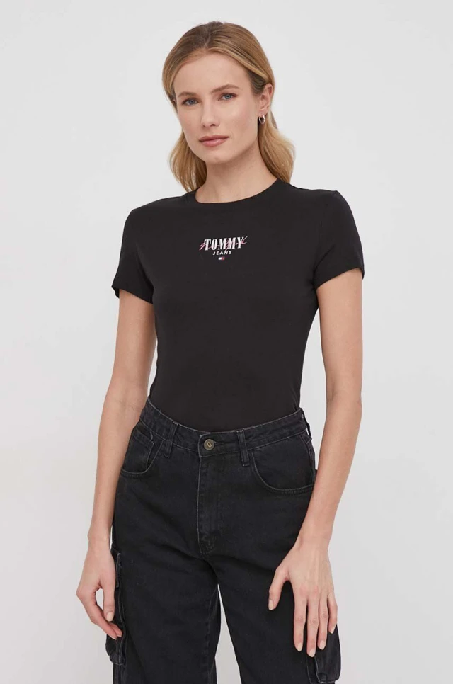 Tommy Hilfiger Tjw Slim Essntl Logo 1 Tee Ext Γυναικεια Μπλουζα Μαύρη