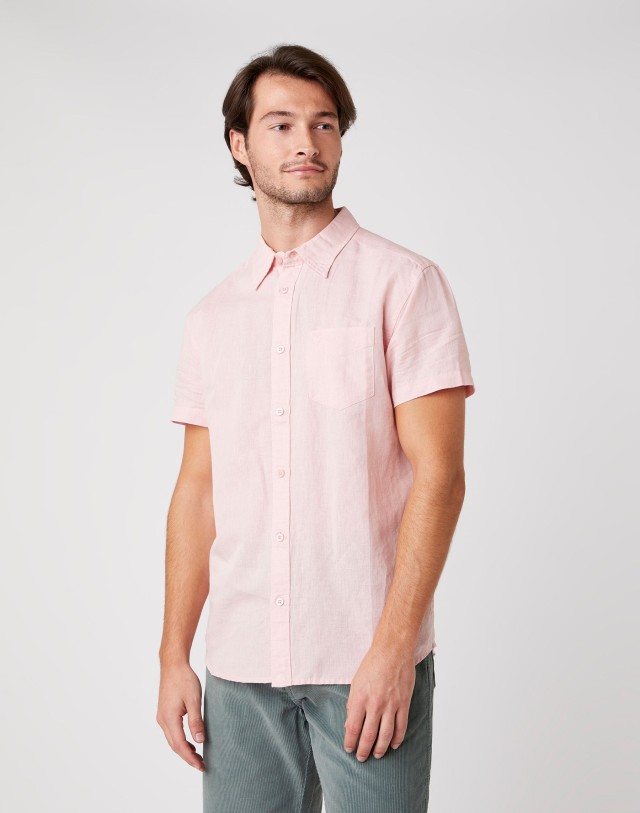 Wrangler Ss 1 Pkt Shirt Silver Pink Ανδρικο Πουκαμισο Ροζ K.m