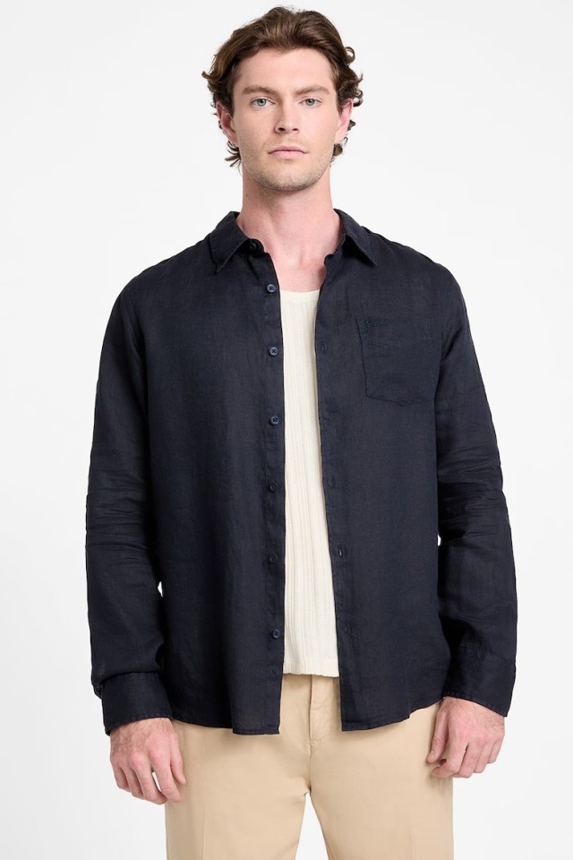 Guess Ls Napa Linen Shirt Ανδρικό Πουκάμισο Μπλε