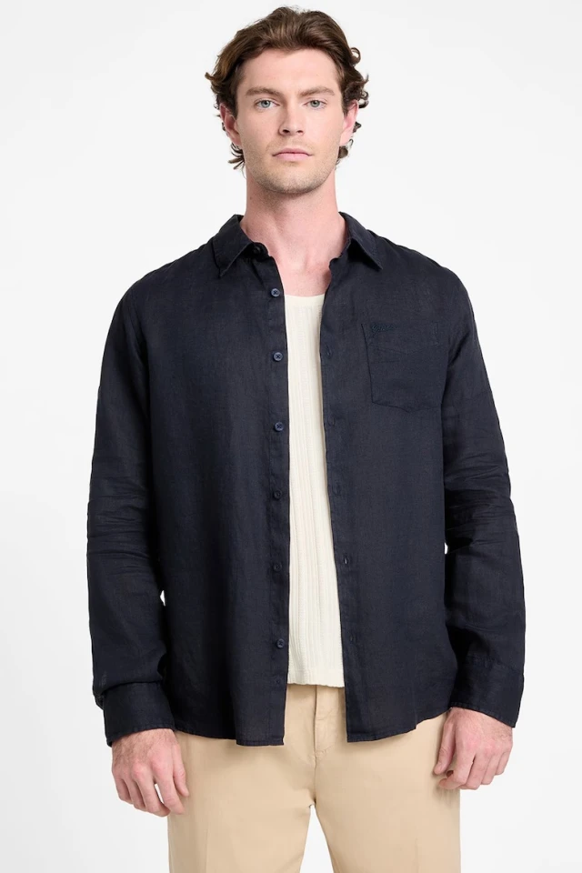 Guess Ls Napa Linen Shirt Ανδρικό Πουκάμισο Μπλε