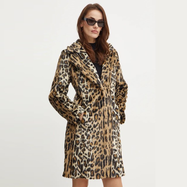 Guess Solange Jacquard Faux Fur Jkt Γυναικεία Γουνα Λεοπάρ Μπεζ