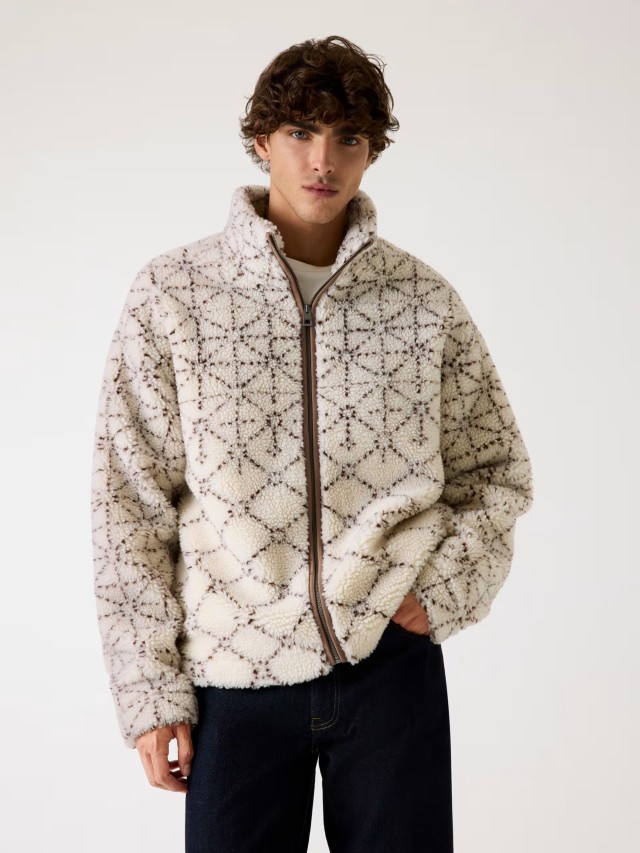 Guess Soldier Sherpa Jaquard Zip Up Ανδρικό Μπουφάν Multi Color Μπεζ