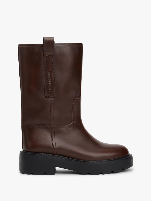 Tommy Hilfiger Tjw Leather Mid Tubular Boot Γυναικείες Δερμάτινες Μπότες Καφέ