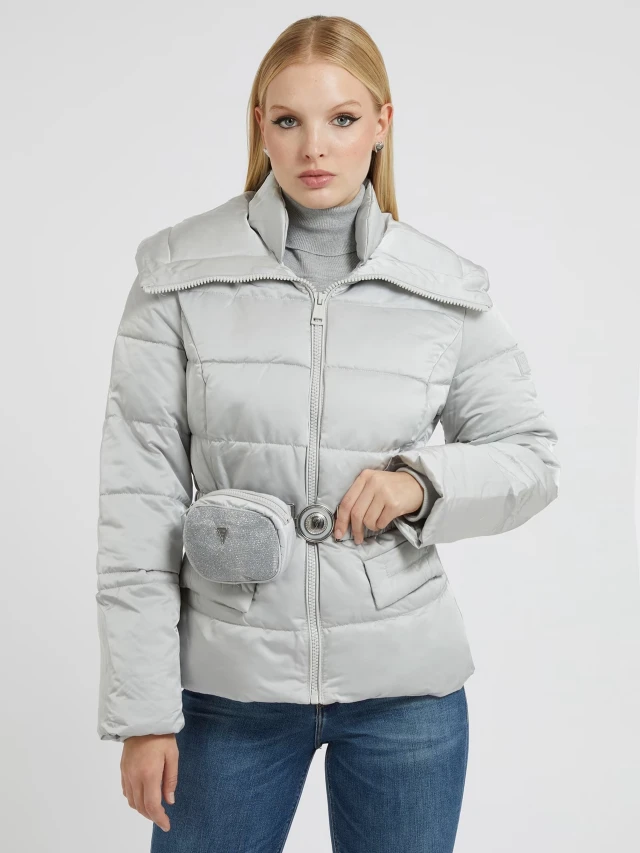 Guess Glitzy Puffa Γυναικειο Μπουφαν Γκρι Μεταλλικο