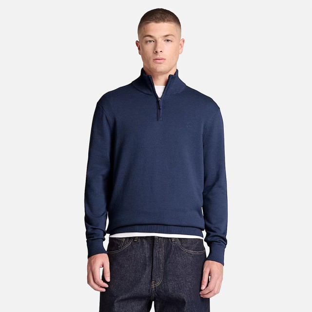 Timberland Williams River Cotton 1/4 Zip Sweater Dark Sapphire Ανδρικό Πλεκτό Μπλε