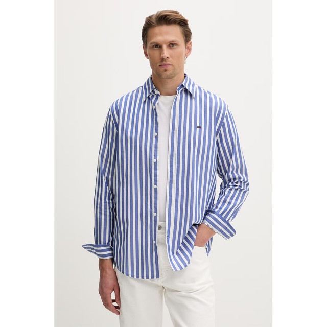 Tommy Hilfiger Tjm Reg Poplin Pattern Shirt Ανδρικό Πουκάμισο Ριγέ Λευκό Μπλε
