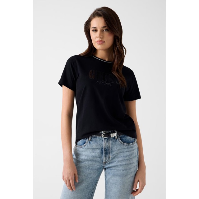 Guess Ss Cn Sequins Big Logo Tee Γυναικεία Μπλούζα Μαύρη
