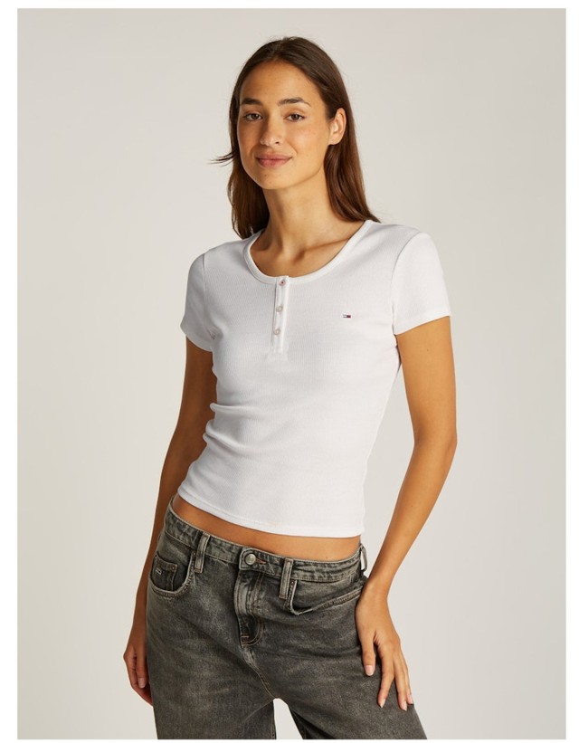 Tommy Hilfiger Tjw Slim Button Rib C-Neck Ss Γυναικεία Μπλούζα Λευκή