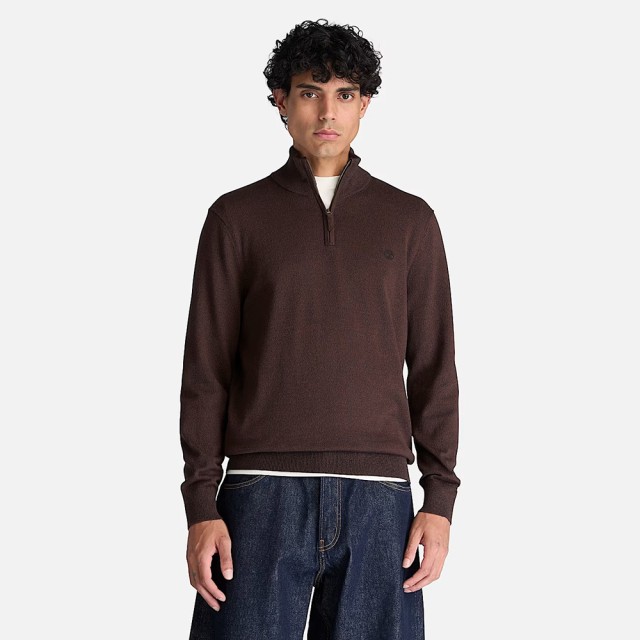 Timberland Williams River Cotton 1/4 Zip Sweater Mole Heather Ανδρικό Πλεκτο Καφέ