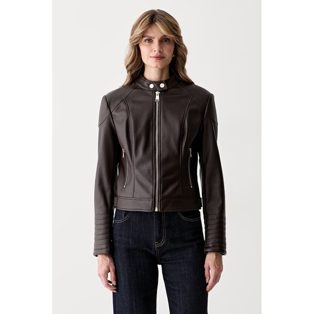 Guess Marlene Caribou Pu Moto Jkt Γυναικείο Μπουφάν Faux Leather Καφέ