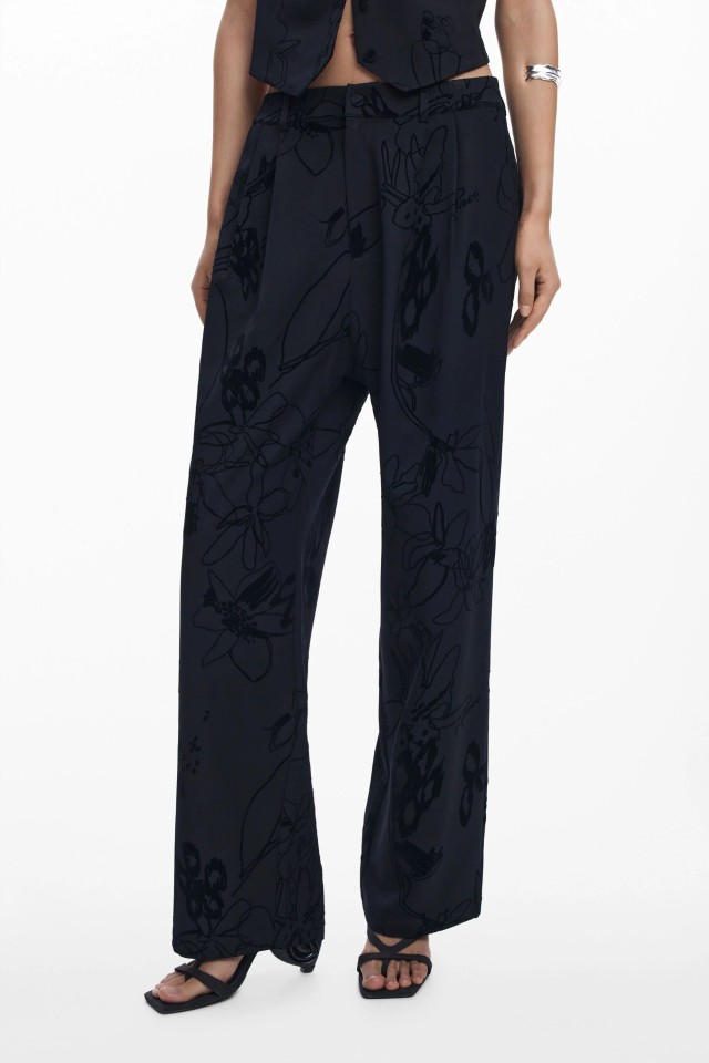 Desigual Pant_Flock Γυναικείο Παντελόνι Floral Μαύρο
