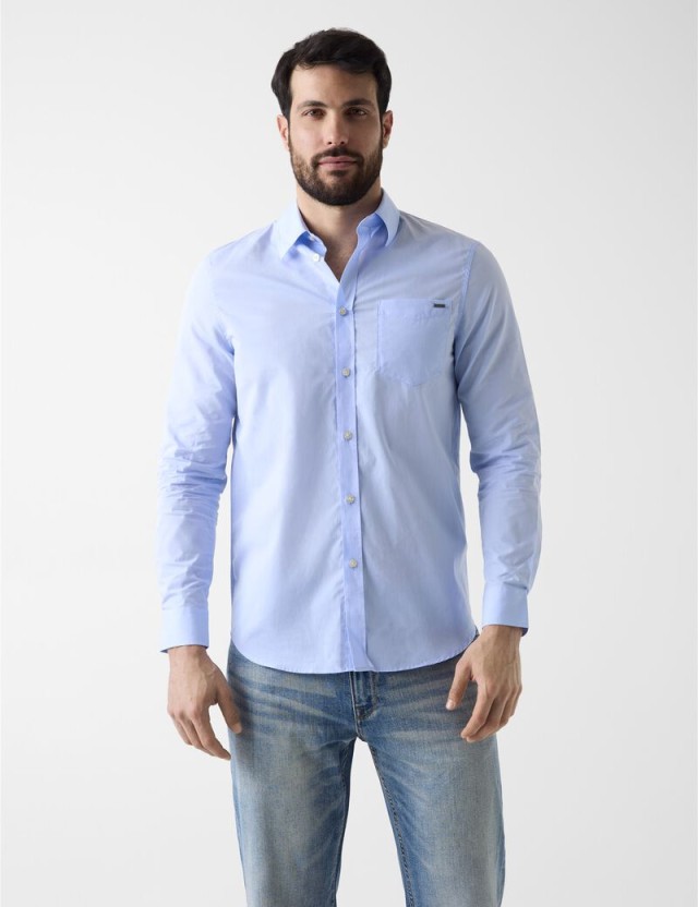 Guess Ls Chambray Pkt Shirt Ανδρικό Πουκάμισο Σιελ