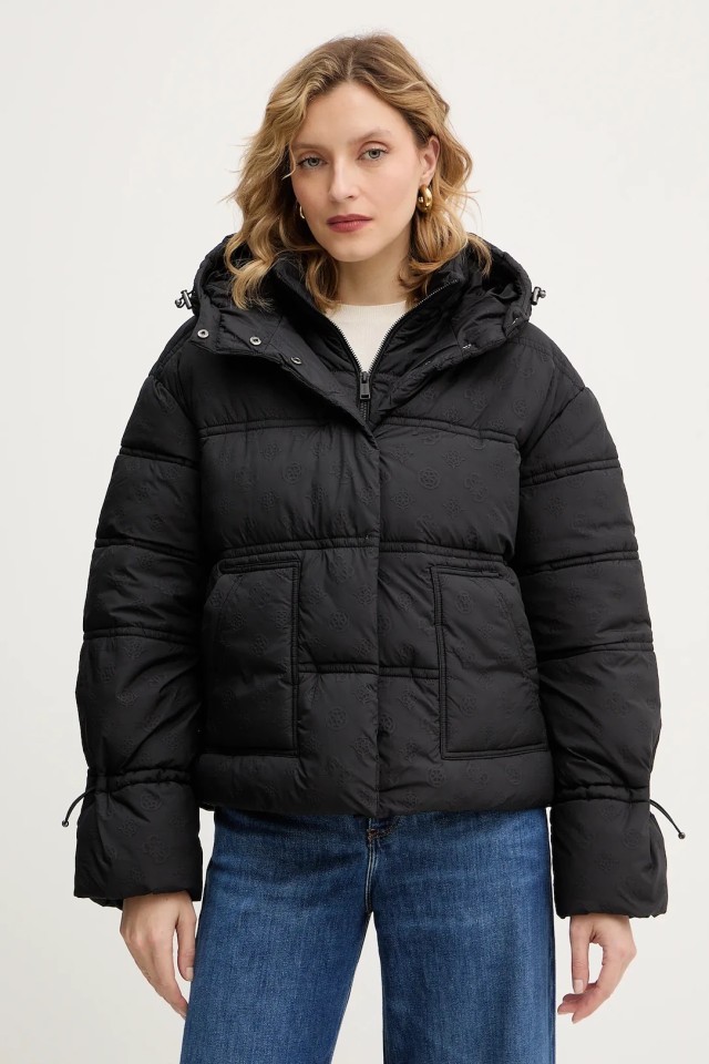 Guess New Daisy Crop Logo Puffer Γυναικείο Μπουφάν Μαύρο