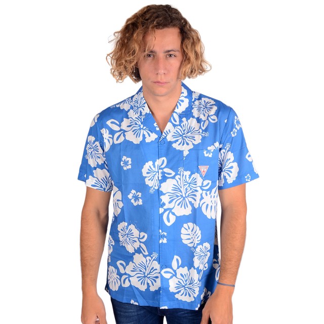 Guess Bowling Shirt Ανδρικο Πουκαμισο Μπλε Ρουα