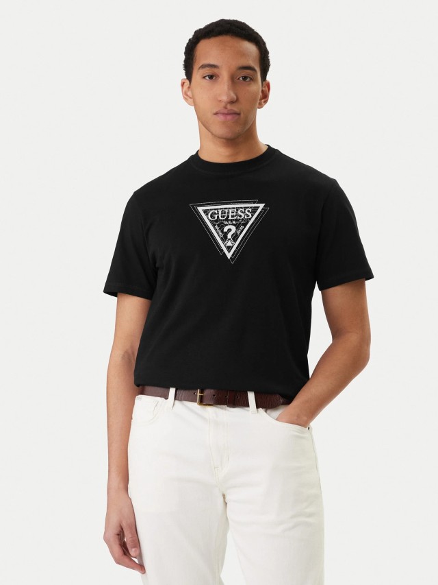 Guess Ss Cn Terry Logo Tee Ανδρική Μπλούζα Μαύρη