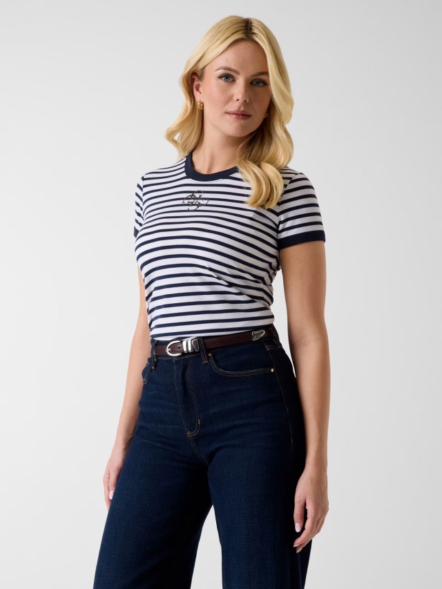 Guess Ss Cn Striped Mini 4g Logo Tee Γυναικεία Μπλούζα Ριγέ Λευκό Μπλε
