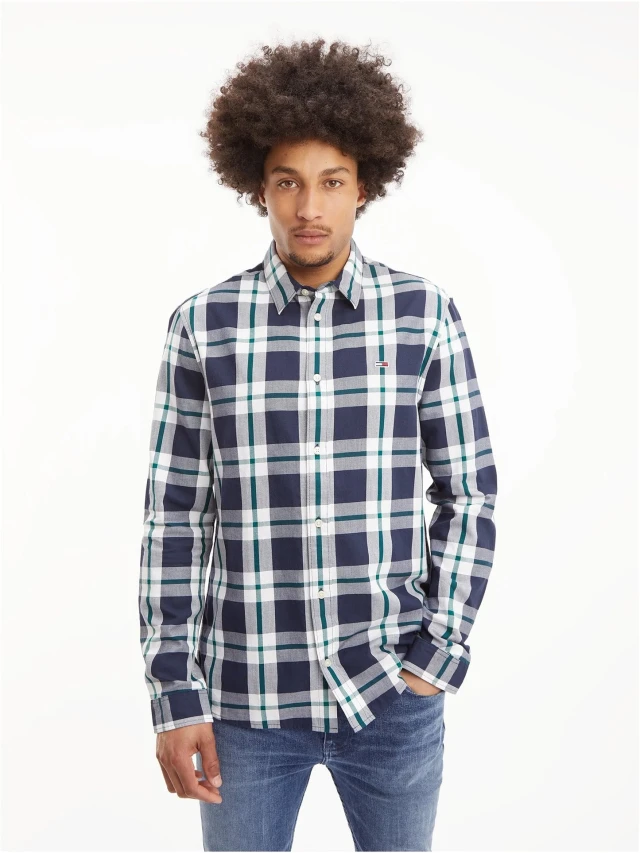 Tommy Hilfiger Tjm Essential Check Shirt Ανδρικο Πουκαμισο Καρο Μπλε Γκρι
