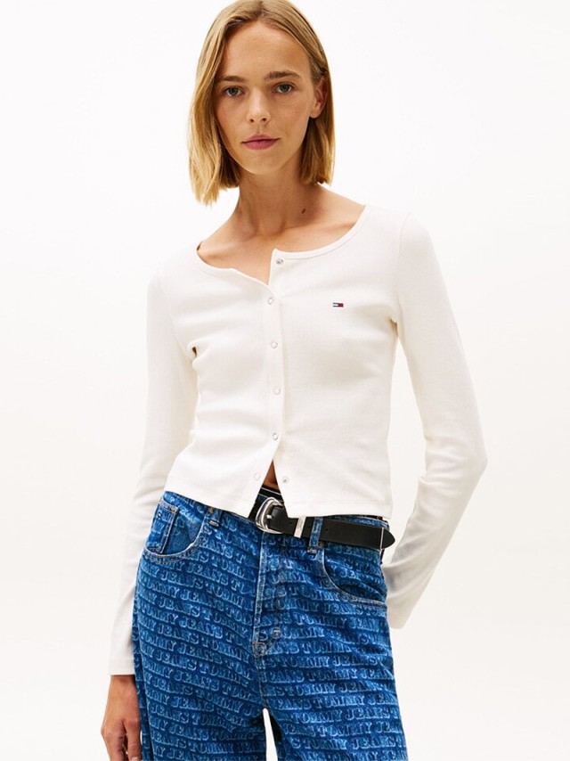 Tommy Hilfiger Tjw Slim Rib Snap Button Ls Γυναικεία Ριπ Ζακετα Εκρου