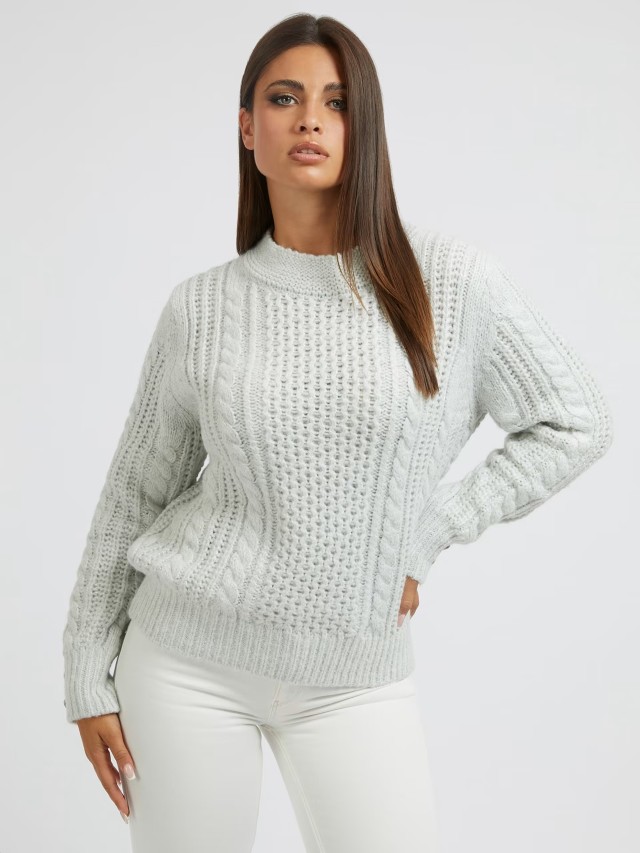 Guess Suzanne Rn Ls Sweater Γυναικειο Πλεκτο Παγου Μεταλλικο